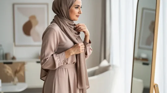 Femme ajustant son hijab devant miroir, mode modest élégante