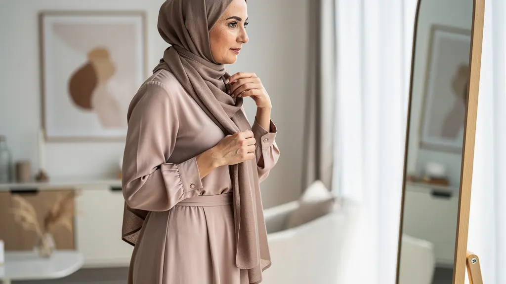 Femme ajustant son hijab devant miroir, mode modest élégante